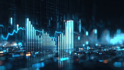 A close-up of digital data visualized as lines and vertical bars in varying shades of blue