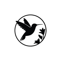 Silhouette of a hummingbird in flight within a circle with flowers
