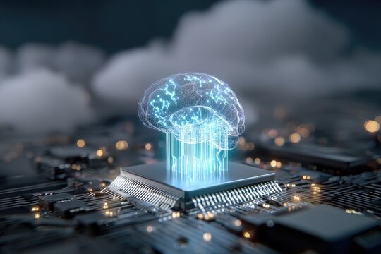 Glowing holographic brain above a microchip, connected by beams of light, with clouds in the backdrop