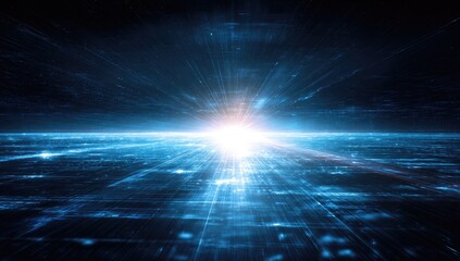 Digital space abstract showcasing a bright light bursting through a grid of data lines