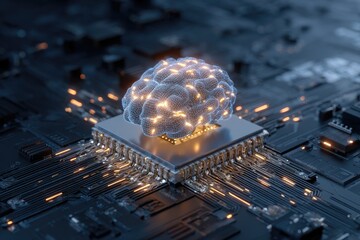 A futuristic, illuminated human brain hologram sits atop a computer chip in a digital landscape