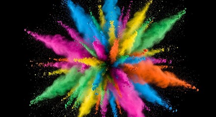 Colorful powder explosion on black background creating a vibrant and dynamic effect
