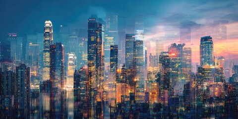 A vibrant depiction of a cityscape at dusk with multiple skyscrapers, blending light and shadows