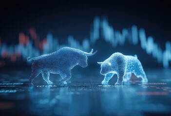 Digital rendering depicts the contrasting financial market forces, a bull vs. bear, with data chart backdrop