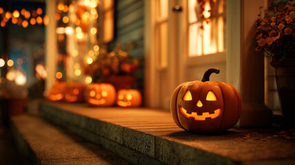 Fototapeta premium Row of pumpkins are lit up on a porch for Halloween. The pumpkins are all different sizes and shapes, and they are all lit up with a bright orange glow. 