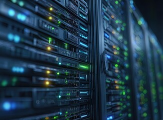 A close-up view of a server rack with many blinking lights in a data center