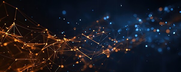 Abstract digital background features interconnected glowing nodes and particles in orange and blue hues