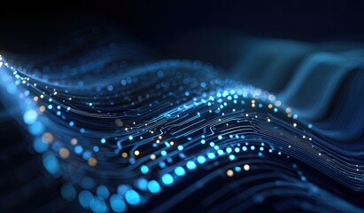 A digital artwork displaying flowing lines with bokeh in shades of blue and gold against a dark background