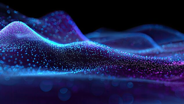 Abstract digital waves, blue and purple, with bokeh, against a black background, ethereal and flowing
