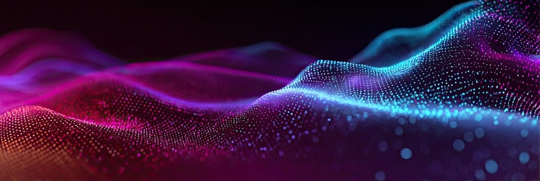 Abstract, digital wave illustration with a vibrant gradient of purple, pink, and blue dots against black