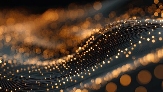 Abstract flowing golden lights shimmer on dark wavy lines, creating a dynamic, blurred effect - Powered by Adobe