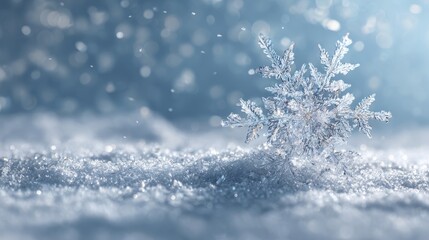 Beautiful winter background featuring delicate ice crystal snowflake resting on soft snow surface with sparkling frost and copy space, perfect for seasonal holiday designs, nature-themed winter banner