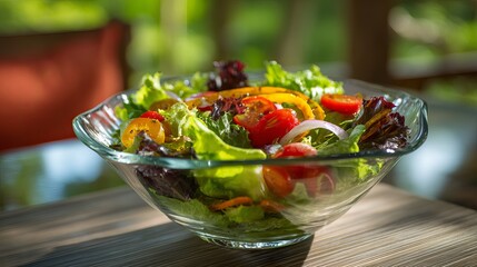 Vibrant garden salad bursting with fresh vegetables in a clear glass bowl, perfect for healthy eating and summer dining.