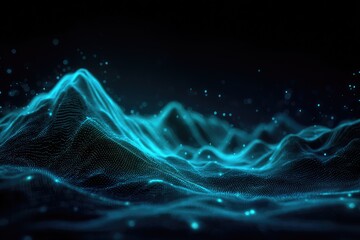 Abstract digital landscape of luminous turquoise peaks against a dark background