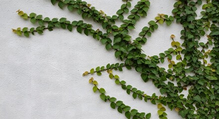 Ivy tendrils with small round green leaves cling to a textured white wall forming a dense pattern