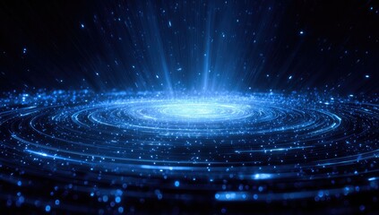 Abstract blue swirling vortex of light in dark space with radiating energy