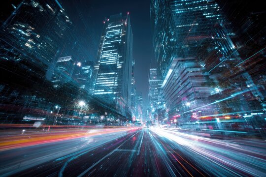 Dynamic night scene showcasing a modern cityscape with blurred motion trails