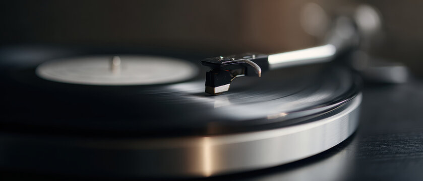 Vinyl record turntable stylus tonearm analog music groove retro vibe low angle view closeup