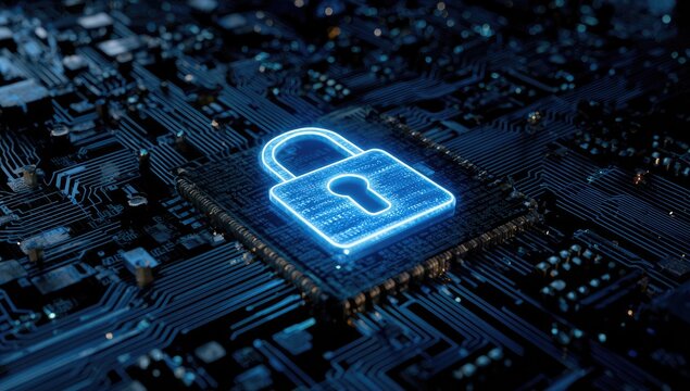 Glowing padlock superimposed onto a complex circuit board, representing digital security