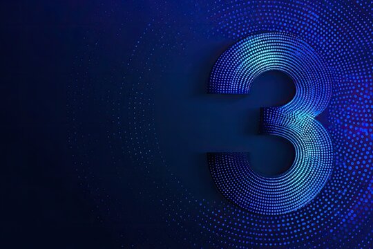 A stylized numeral "3" in glowing blue hues floats against a deep blue digital backdrop