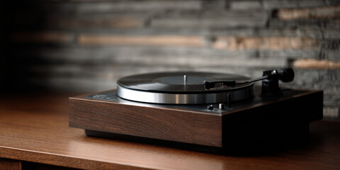 Obraz premium Record player turntable vinyl wooden vintage charm sprawls softly across loft studio