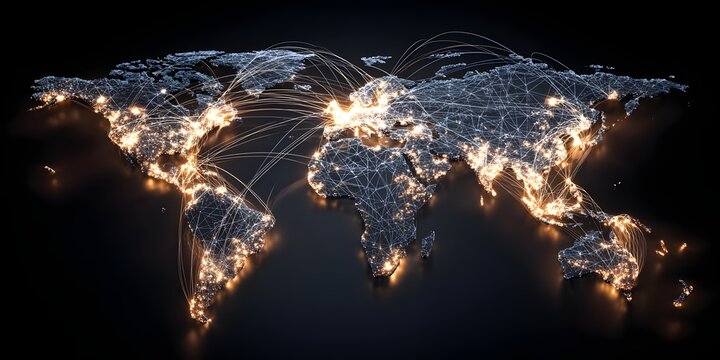 Illuminated earth at night showing global connectivity and infrastructure networks across continents and oceans