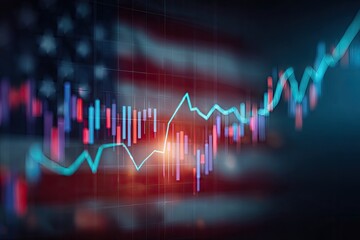 Financial graph overlaying a blurred US flag, implying economic progress