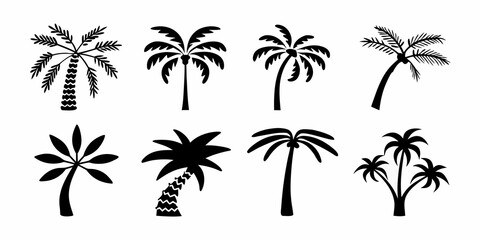 Collection of eight distinct black silhouette palm tree icons on a white background