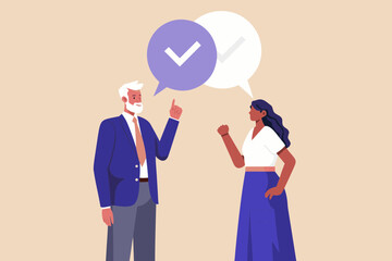 Diverse business professionals in conversation with a checkmark indicating agreement or approval