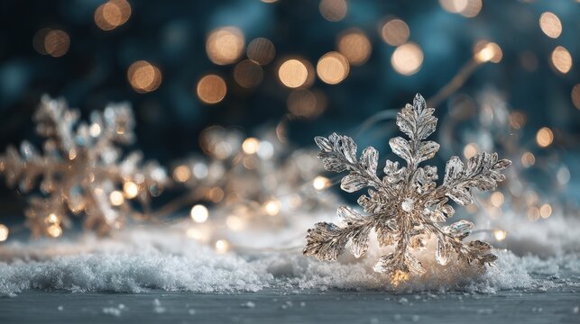 Enchanting winter wonderland scene with sparkling snowflake decorations, glowing fairy lights, and magical bokeh effects creating a festive atmosphere of frosty beauty and holiday charm in a dreamy sn