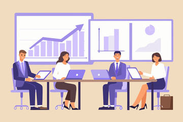 Diverse business team collaborating in a modern office meeting room with charts and graphs on screens