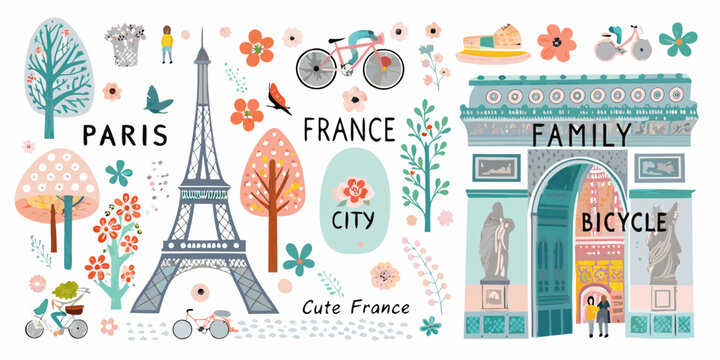 Charming paris france cityscape with eiffel tower family and bicycle illustrations