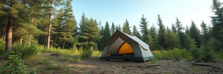 An illuminated tent glows in the wilderness surrounded by tall pine trees in the early morning light providing a peaceful camping experience outdoors.