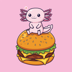 Cute Cartoon Axolotl Sitting on Cheeseburger with Heart. Vector Illustration of Whimsical Food and Animal Mashup