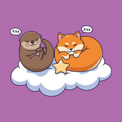 Cute Cartoon Otter and Shiba Inu Sleeping on Cloud with Star . Vector Illustration of Whimsical Cozy Animal Scene