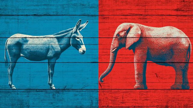 Blue donkey and red elephant painted rustic wooden texture background conveying political rivalry and bold contrast energetic patriotic mood gentle