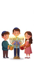 Fototapeta premium Joyful hanukkah celebration with children lighting menorah and exchanging gifts