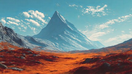 Majestic snow-capped mountain peak rises majestically over vibrant orange grassy plains under a serene blue sky with scattered clouds