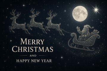 Glittery Santa sleigh with reindeer flying across moonlit night sky under shining stars