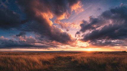 Dramatic sunset ignites vast savanna grassland with vibrant golden hues and breathtaking cloud formations