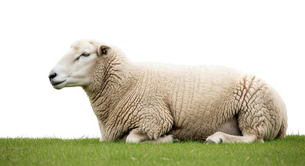 Fototapeta premium A relaxed sheep lying down comfortably, side view, transparent background