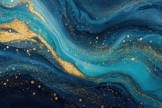 Flowing abstract artwork with shades of blue, turquoise, and gold resembling fluid movement