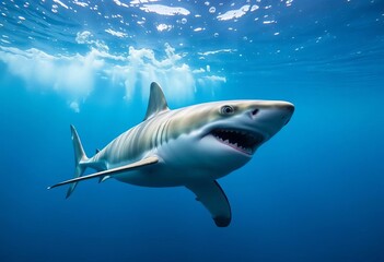 Obraz premium Powerful great white shark underwater, hunting, fin, ocean