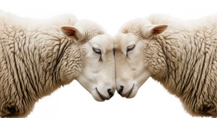 Two sheep interacting gently, showing peaceful friendship, transparent background