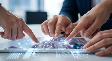 team using digital touchscreen interface for data analysis and collaboration