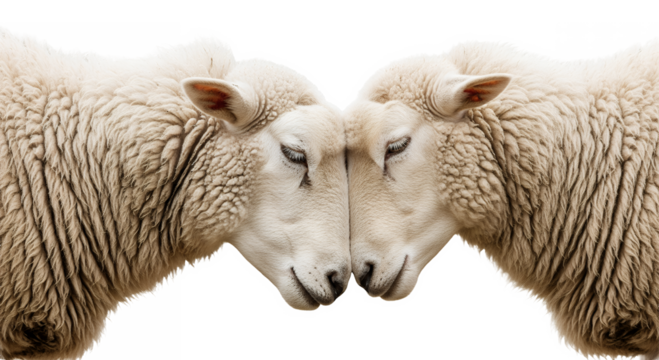 Two sheep interacting gently, showing peaceful friendship, transparent background
