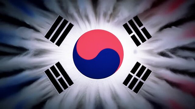 South Korea flag with dramatic smoke trails, South Korean national symbol on cinematic background, motion graphic of Taegeukgi flag for news and sports