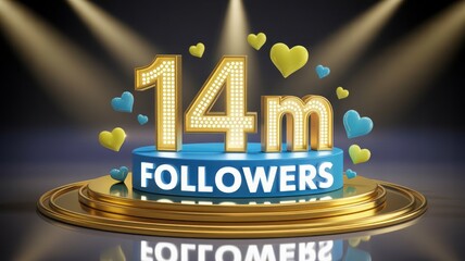 14 million followers celebration with lights and podium on dark background