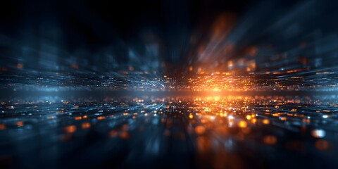 Abstract digital art depicting a vibrant energetic explosion of orange light against a dark futuristic cityscape with blue atmospheric effects and reflections on a wet surface