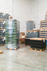Pallets with packaged beer cans, bottles, and empty glass bottles standing in a commercial brewery industry warehouse